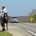 A cowgirl riding her horse along a road with a truck driving behind them