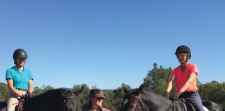 Riders with animal communicator standing between two horses.